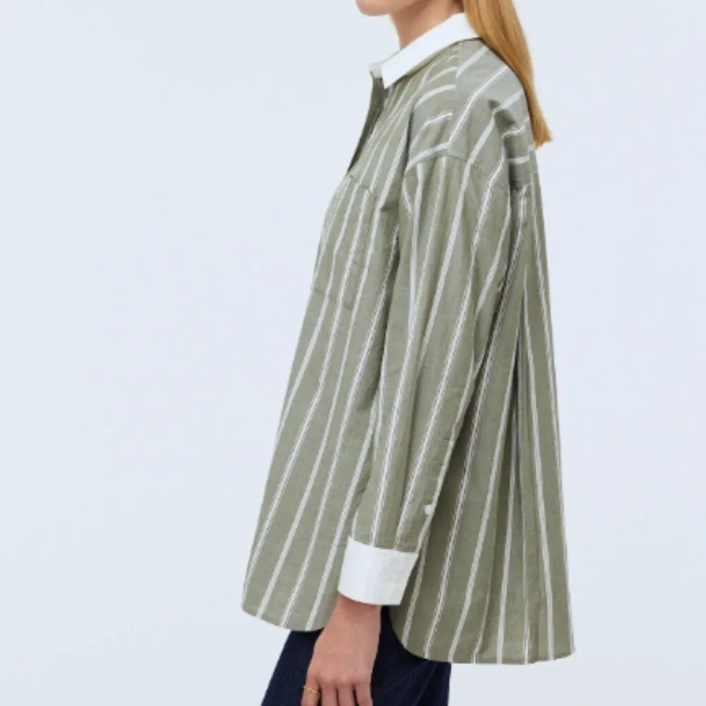 Madewell Olive Green Striped Button Down Shirt - Picture 4 of 13